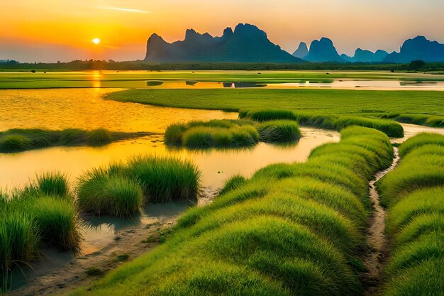 Photo a sunset view of a marsh with a few birds in the water