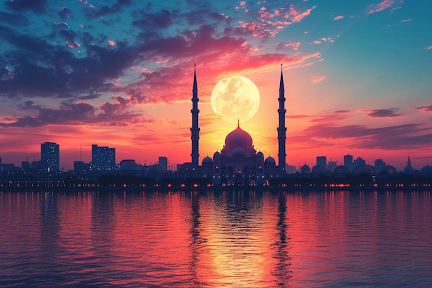 뒷면 에 보름달 이 있는 모스크 의 해 가 지는 모습