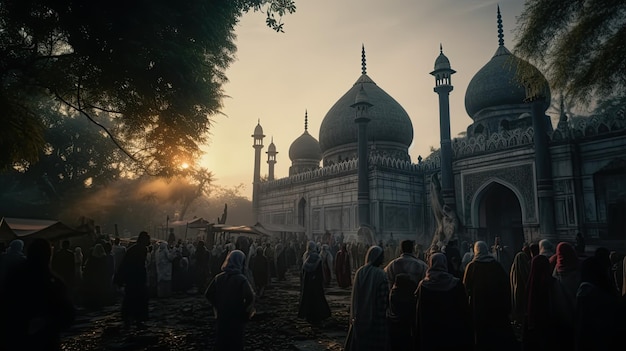 A sunset view of a mosque with a mosque in the background