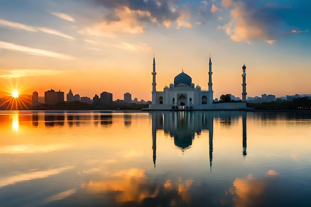 A sunset view of a mosque with the sun setting behind it