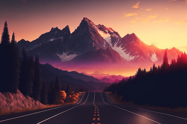 Sunset view of a mountain range and asphalt road