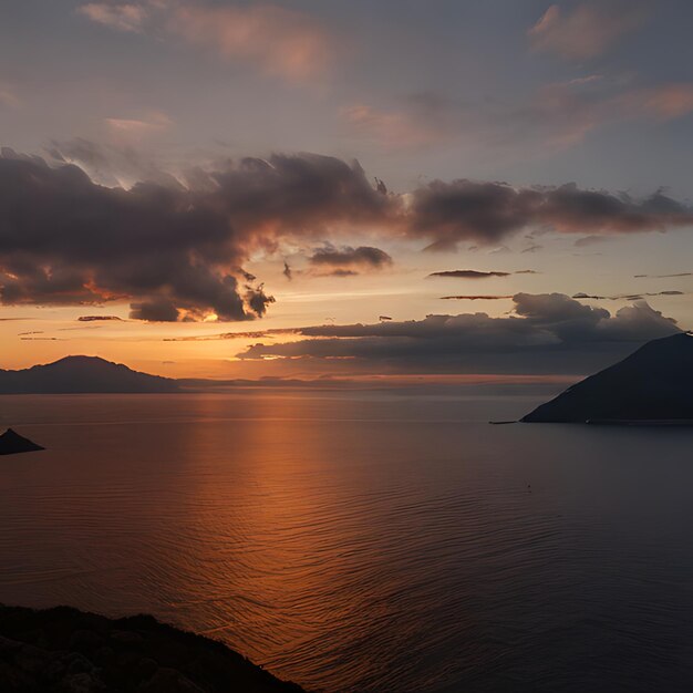 a sunset view of a mountain with a mountain in the background