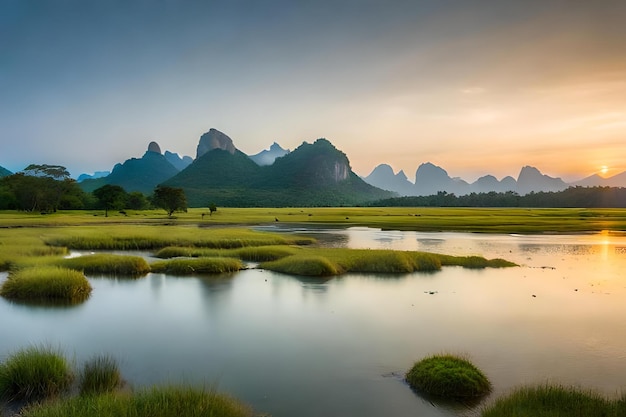 A sunset view of mountains and a lake