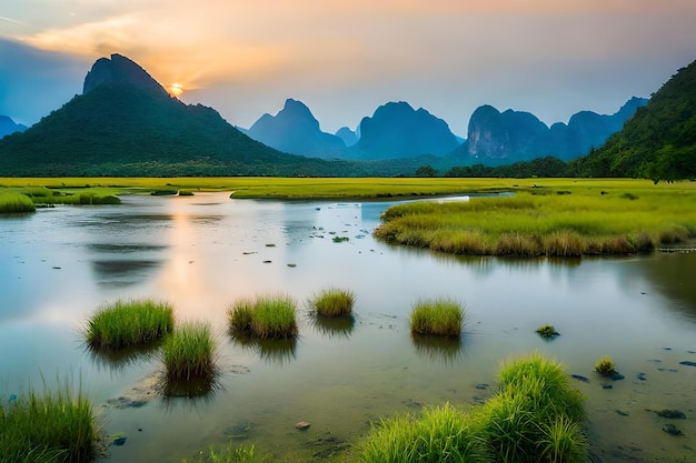 A sunset view of mountains and a lake