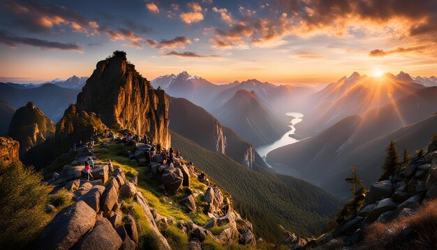 a sunset view of mountains and mountains