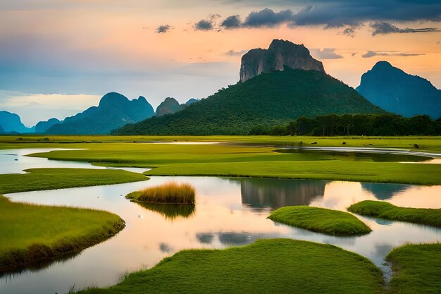 A sunset view of the mountains and the river