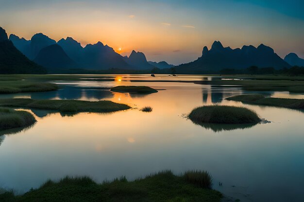 A sunset view of mountains and the river