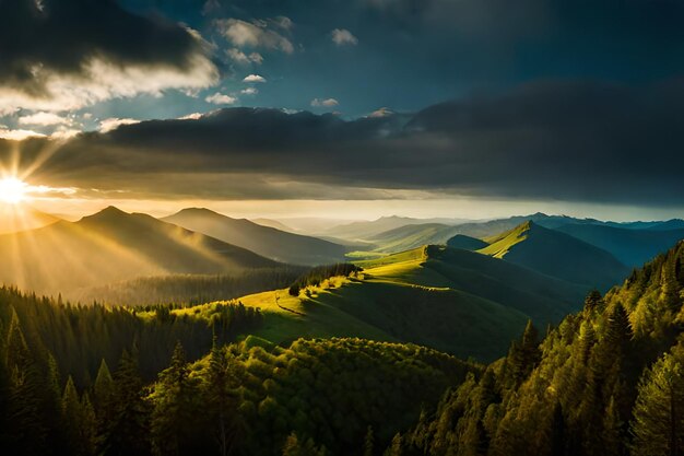 a sunset view of the mountains and the sun setting.