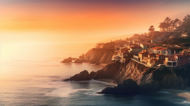 a sunset view of the ocean and the cliffs.