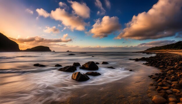 a sunset view of the ocean and rocks on the beach