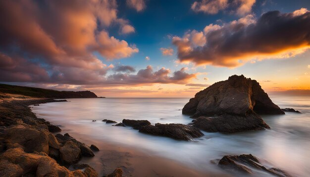 Photo a sunset view of the ocean and rocks