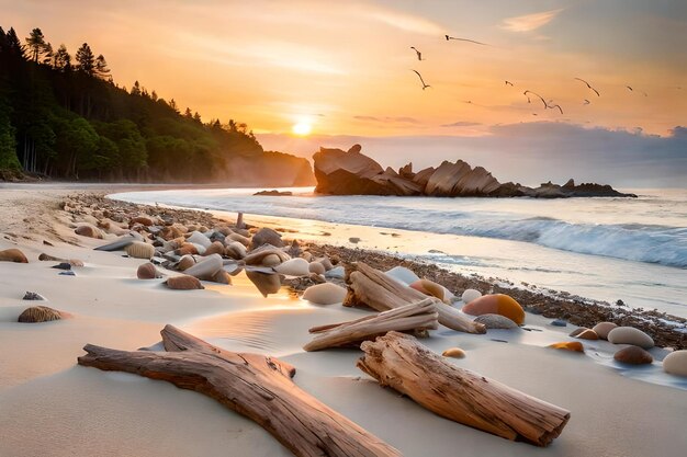 Photo a sunset view of the ocean and rocks.