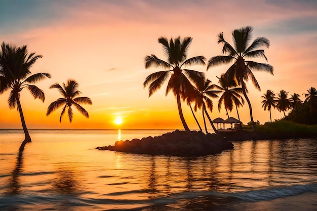 A sunset view of the ocean with palm trees in the foreground.