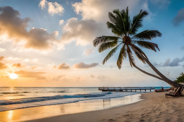 A sunset view of a pier and palm tree on the beach