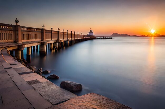 A sunset view of a pier with a view of the ocean and mountains in the background