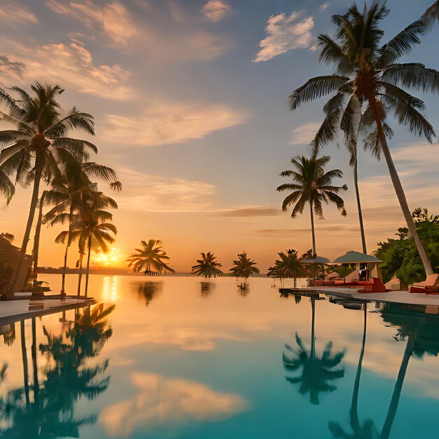 Foto una vista al tramonto di una piscina con palme e un tramonto sullo sfondo