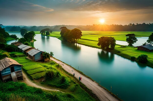 A sunset view of a rice field with a village in the background