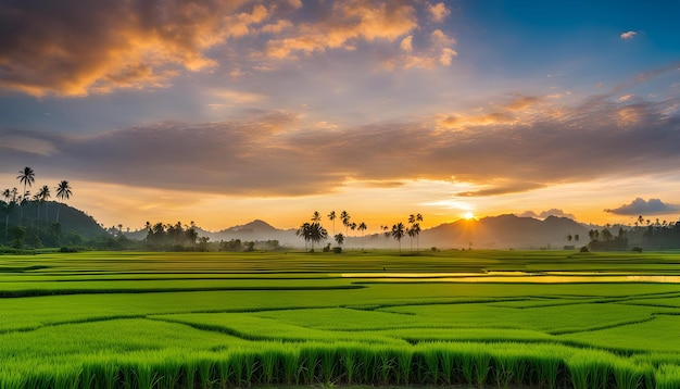 a sunset view of rice fields and palm trees