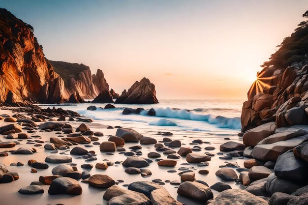 Photo a sunset view of rocks and waves with the sun setting behind them