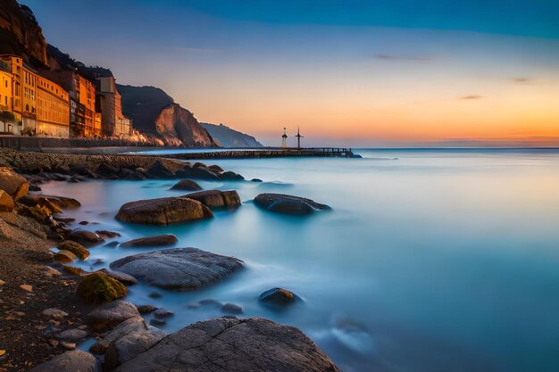 Photo a sunset view of a rocky beach and a lighthouse