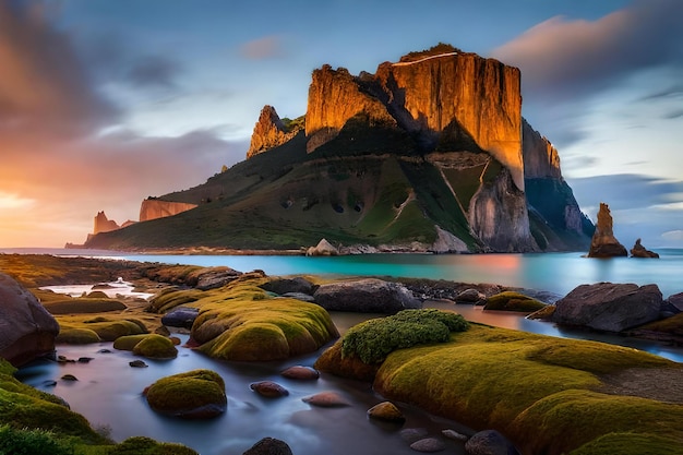 A sunset view of a rocky coast with a green mossy rock in the foreground.