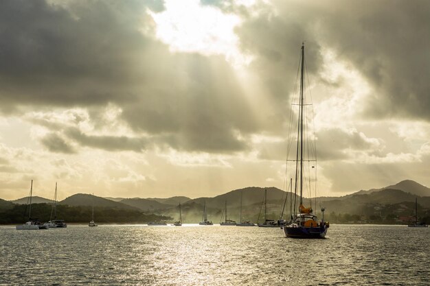 sunset view of rodney bay with yachts anchored in the lagoon saint lucia caribbean sea