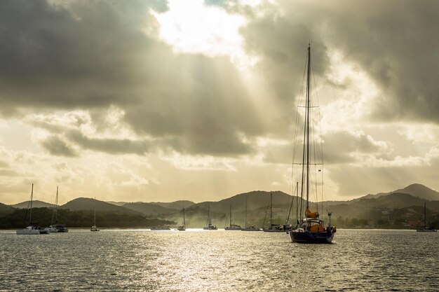 Sunset view of Rodney bay with yachts anchored in the lagoon Saint Lucia Caribbean sea