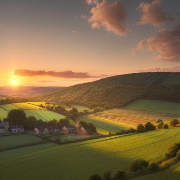 a sunset view of a rural landscape with a house and a field with a sunset in the background