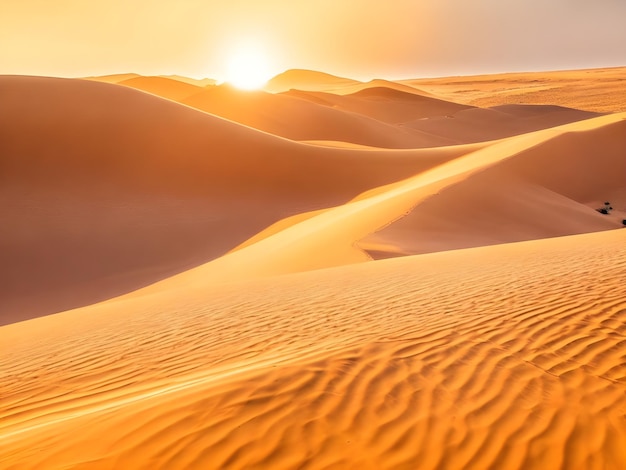 a sunset view of sand dunes and the sun setting