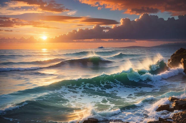 Sunset view on sea with coming surf waves