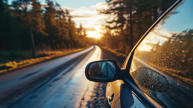 湿った道路の車のサイドミラーの夕暮れの景色