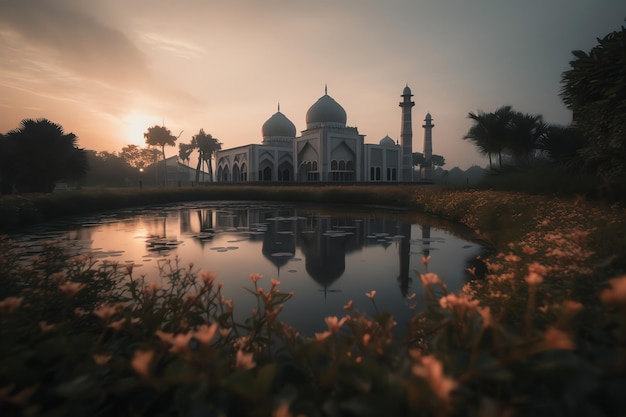 A sunset view of the taj mahal with a reflection of the sun