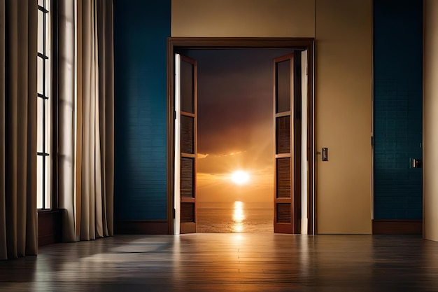 A sunset view through a door with a sunset in the background