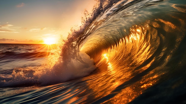 Sunset View of a Wave crushing into the Sea