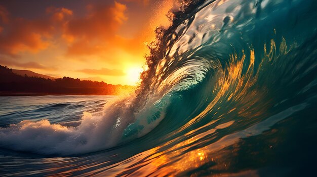 Sunset View of a Wave crushing into the Sea