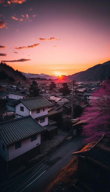A sunset over a village with a pink sky and a mountain in the background