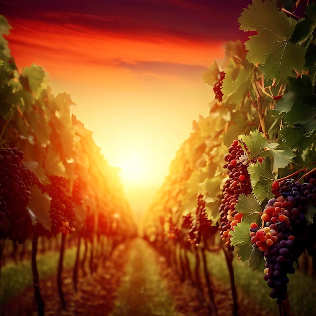 Sunset over vineyard ripe grapes in rows