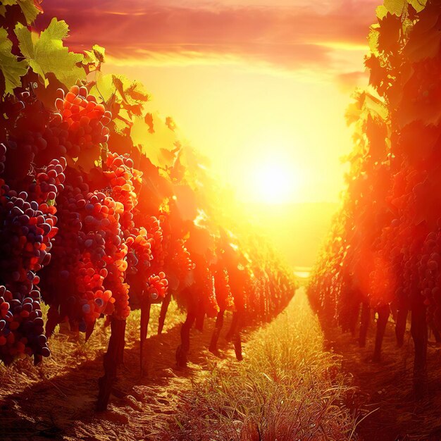 Sunset over vineyard ripe grapes in rows