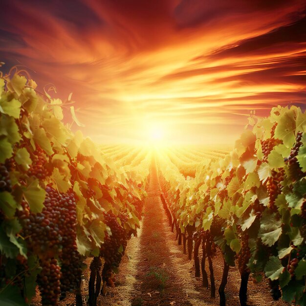 Sunset over vineyard ripe grapes in rows