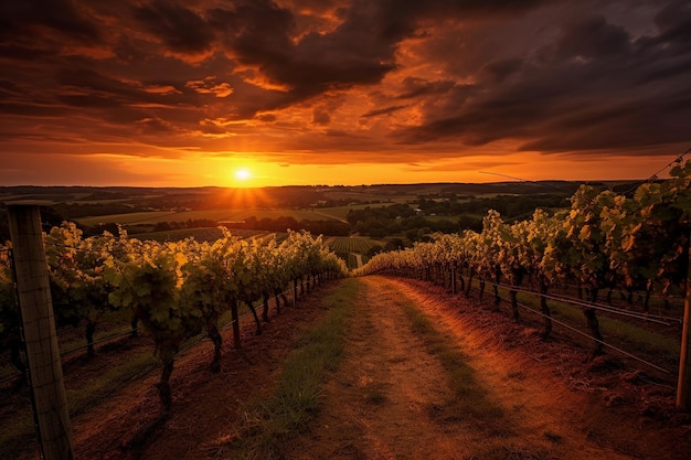 Sunset over a vineyard or winery