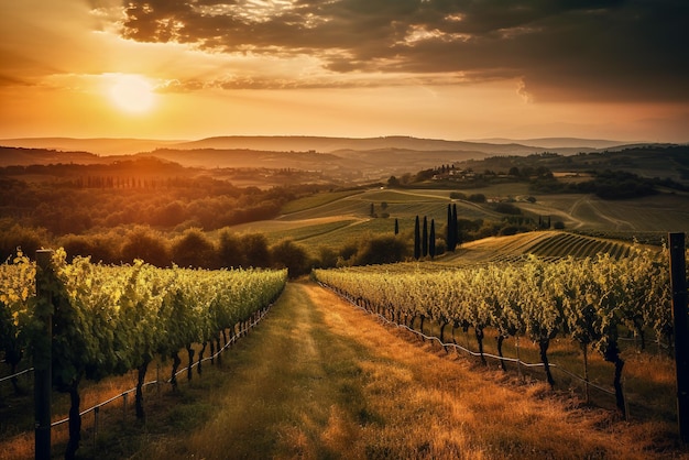 A sunset over a vineyard with a cloudy sky