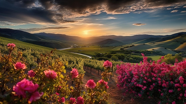 sunset over a vineyard with flowers and a view of the valley