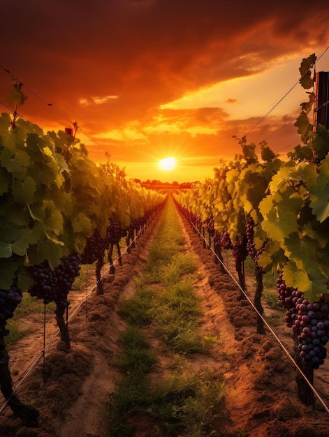 a sunset over a vineyard with grapes