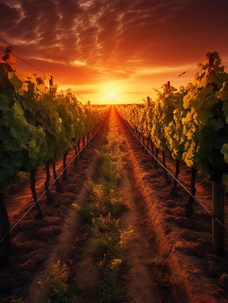 A sunset over a vineyard with a sunset behind them