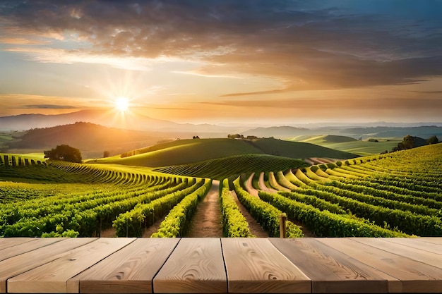 A sunset over a vineyard with a view of the sunset.