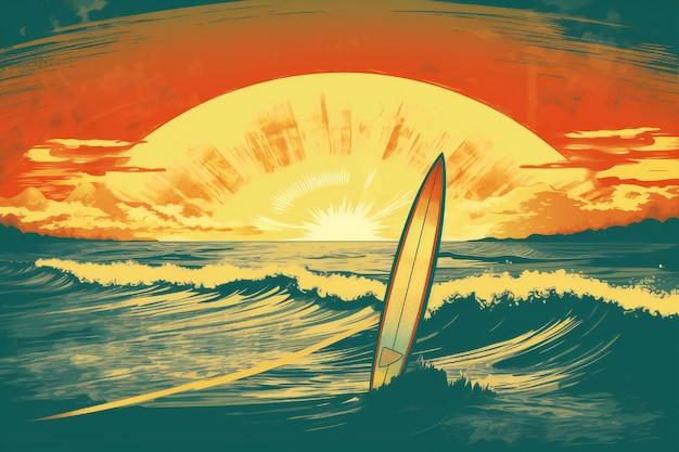 Photo sunset vintage retro style beach surf poster background