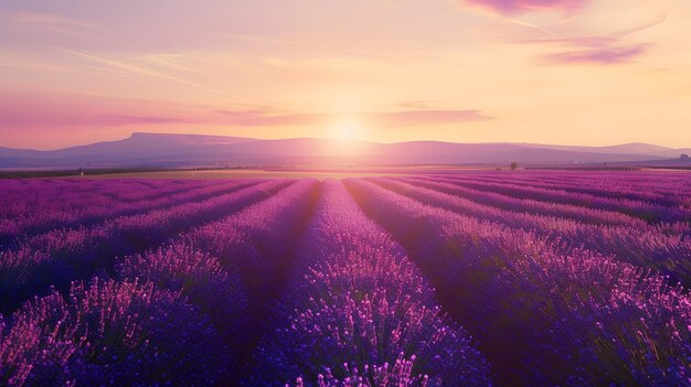 Photo sunset over a violet lavender field valensole lavender fields provence france generative ai