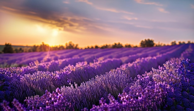 Sunset over a violet lavender field