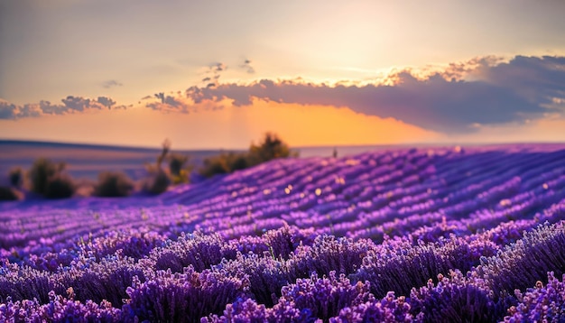 Sunset over a violet lavender field