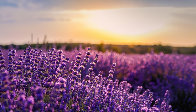 Sunset over a violet lavender field